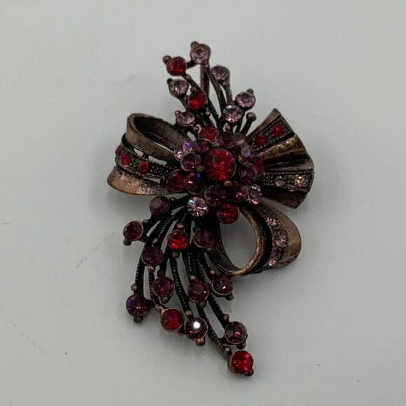 Floral and Bow Brooch Pin with Pink & Red Stones - Picture 3 of 7